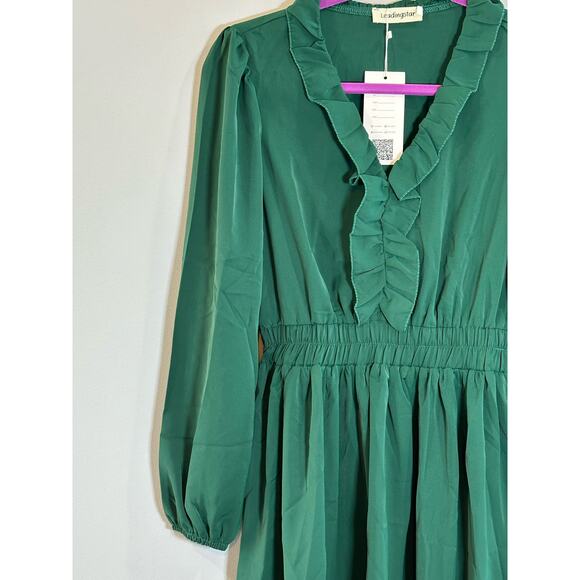NWT- Dark green Long Sleeve midi Dress, Empire Waist Ruffle V neck- Small - Picture 5 of 6